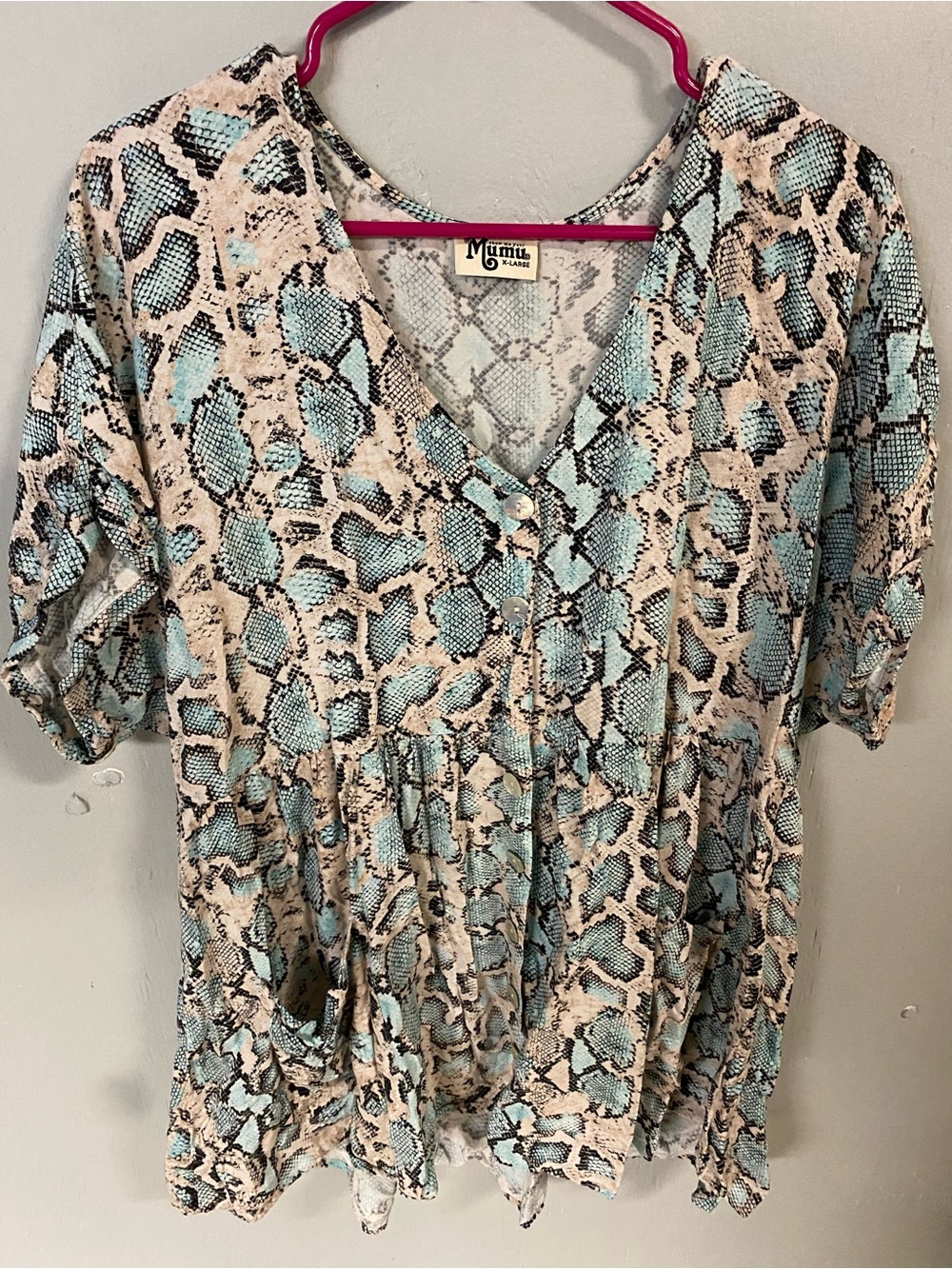 MUMU Blue Snake-Print V-Neck Peasant Top